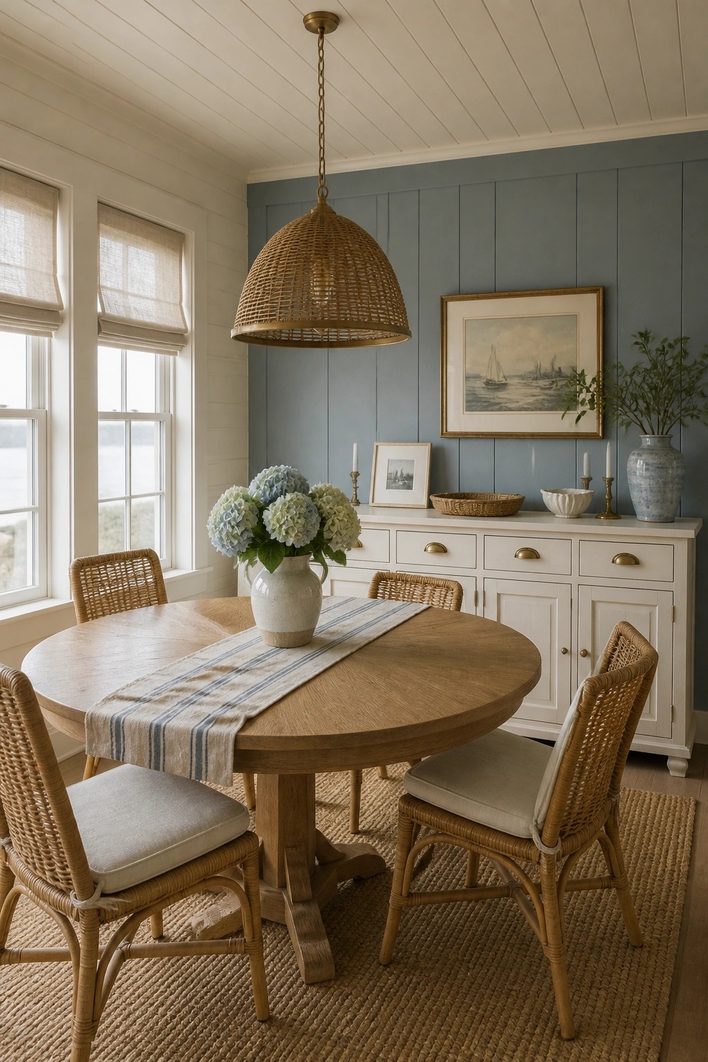 A dining room featuring soft blue gray walls with white trim and wood furniture.