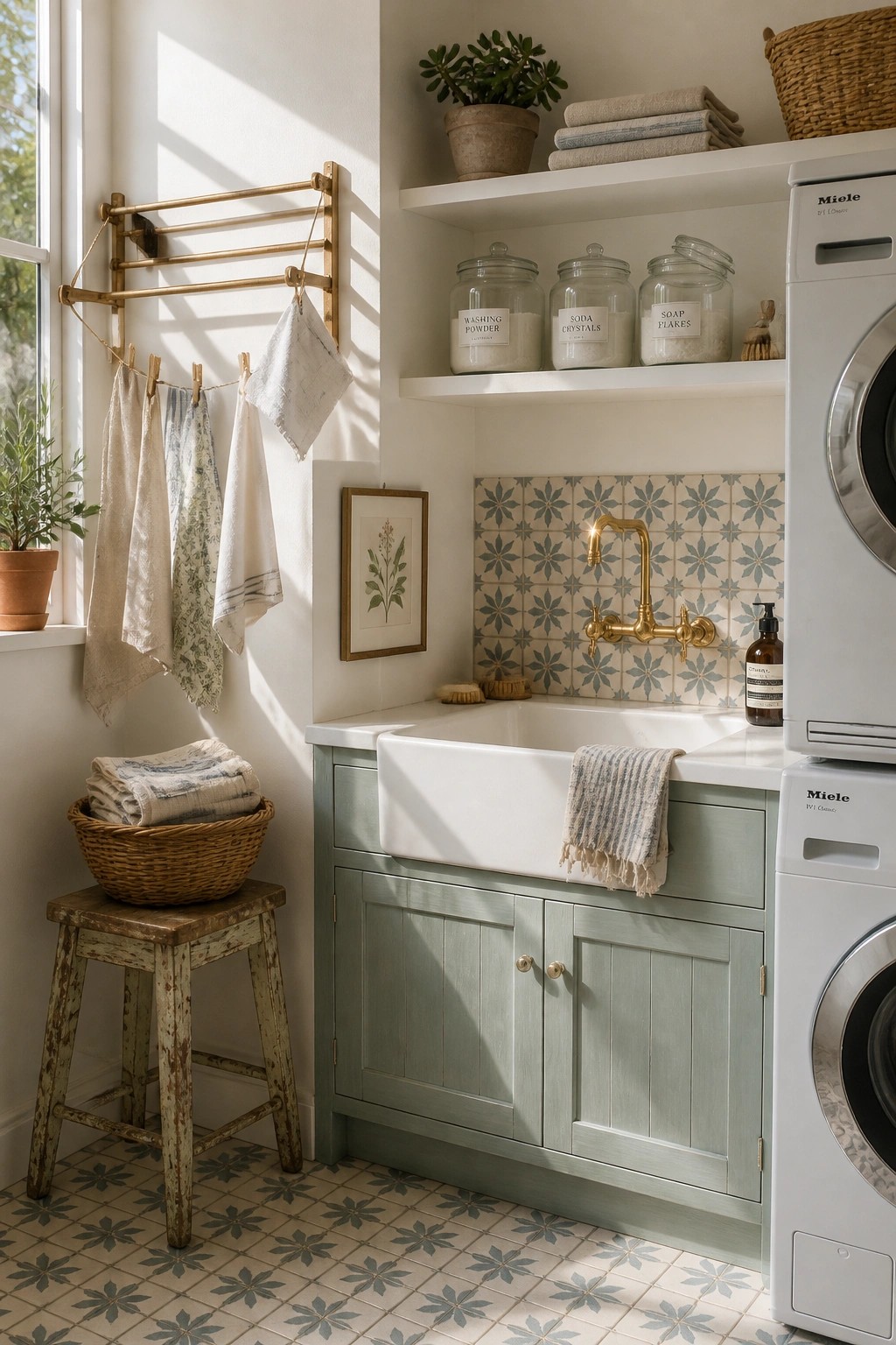 Sage green painted cabinets below a white farmhouse sink in a laundry room.