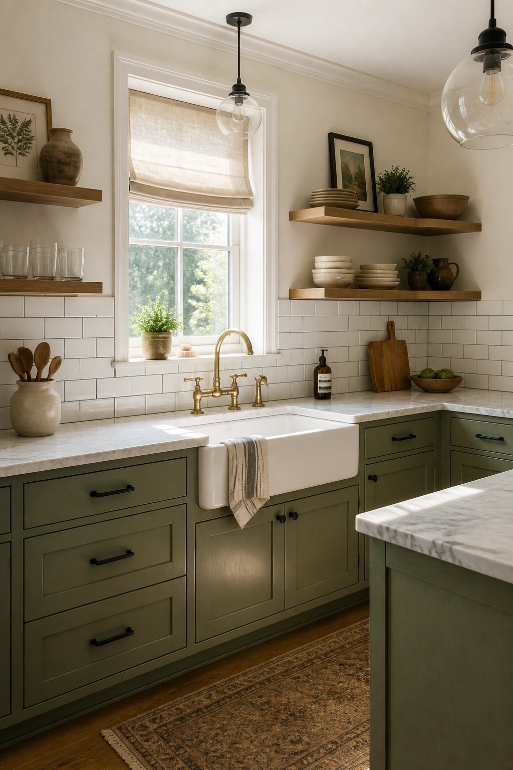 Kitchen with sage green cabinets, white tile backsplash, and marble counters.