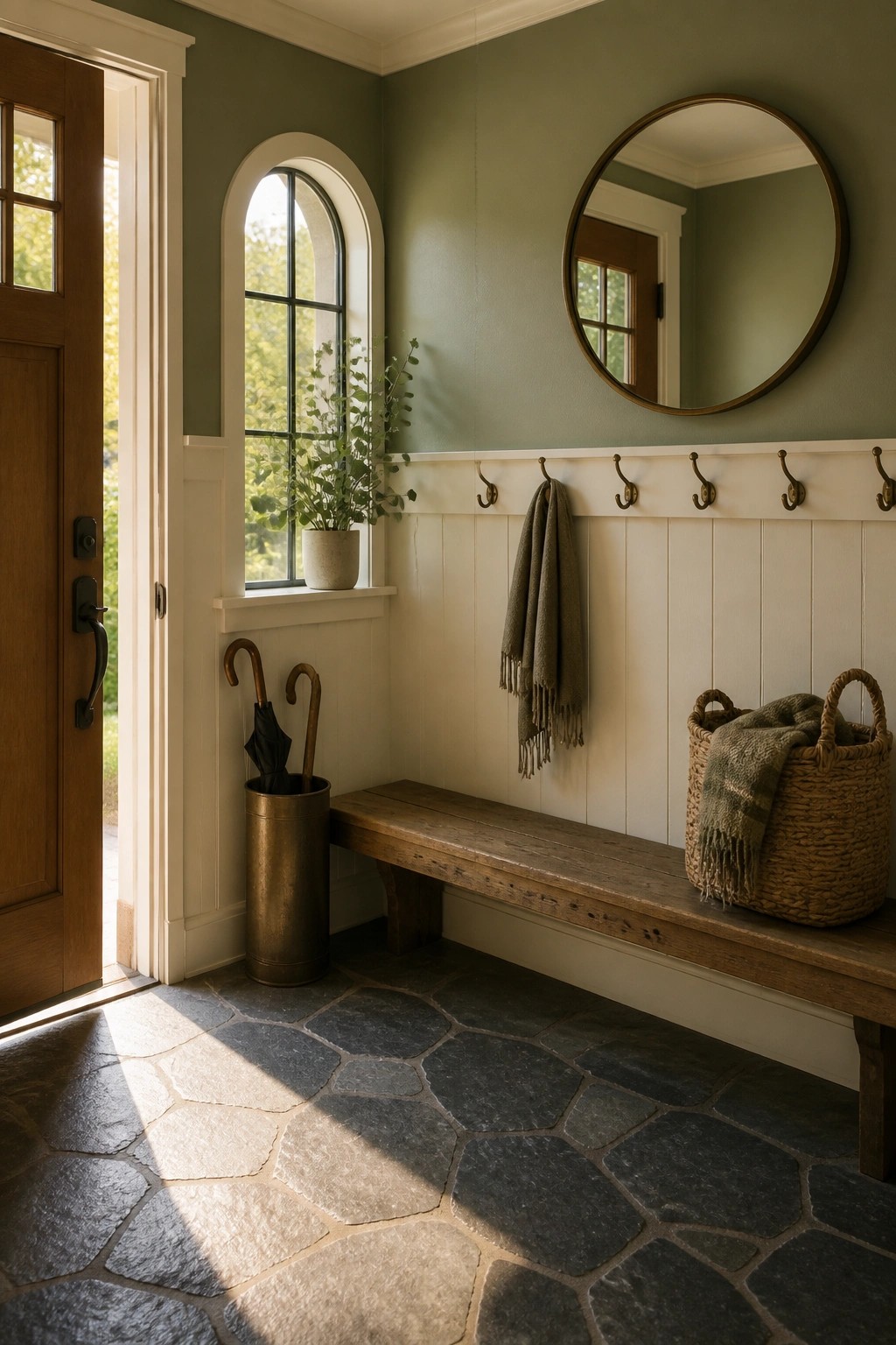 Entryway walls painted in a muted sage green above white wainscoting.