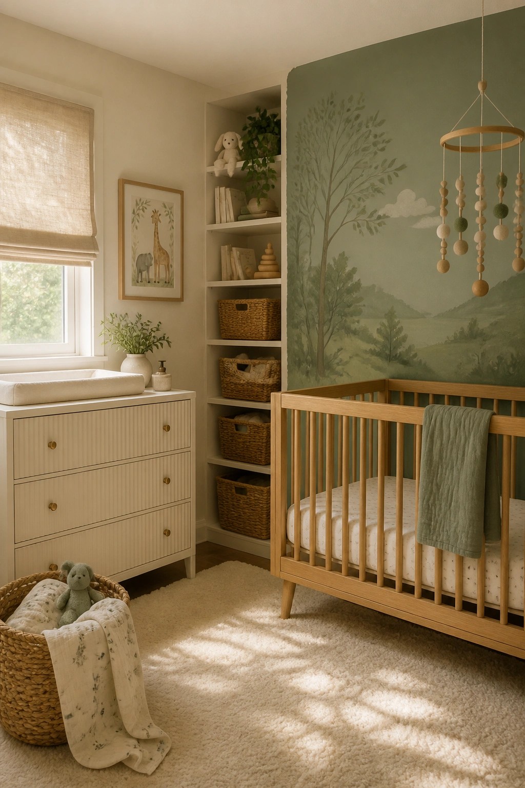 A nursery featuring soft sage green walls with a landscape mural and light wood furniture.