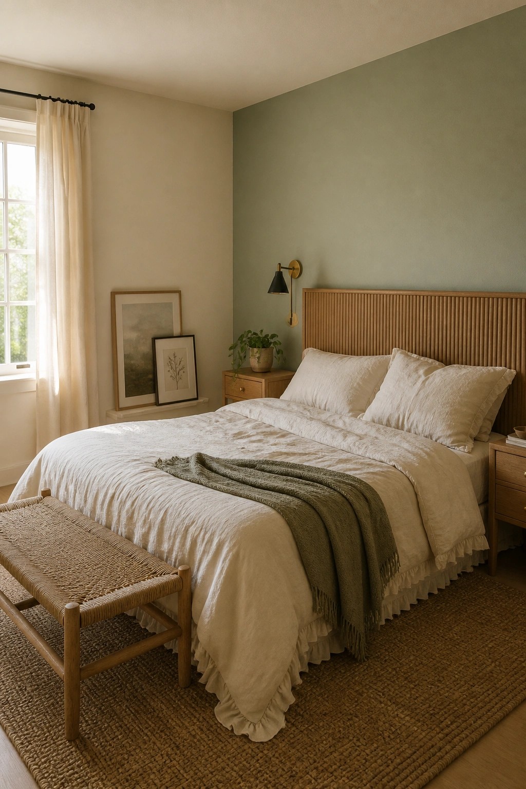 A bedroom with soft sage green walls and a wooden bed.