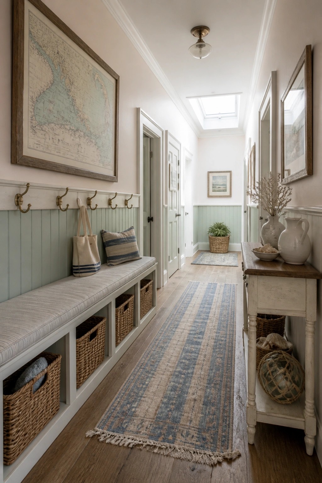 Coastal hallway with built-in bench, wicker baskets, striped rugs, and framed map.