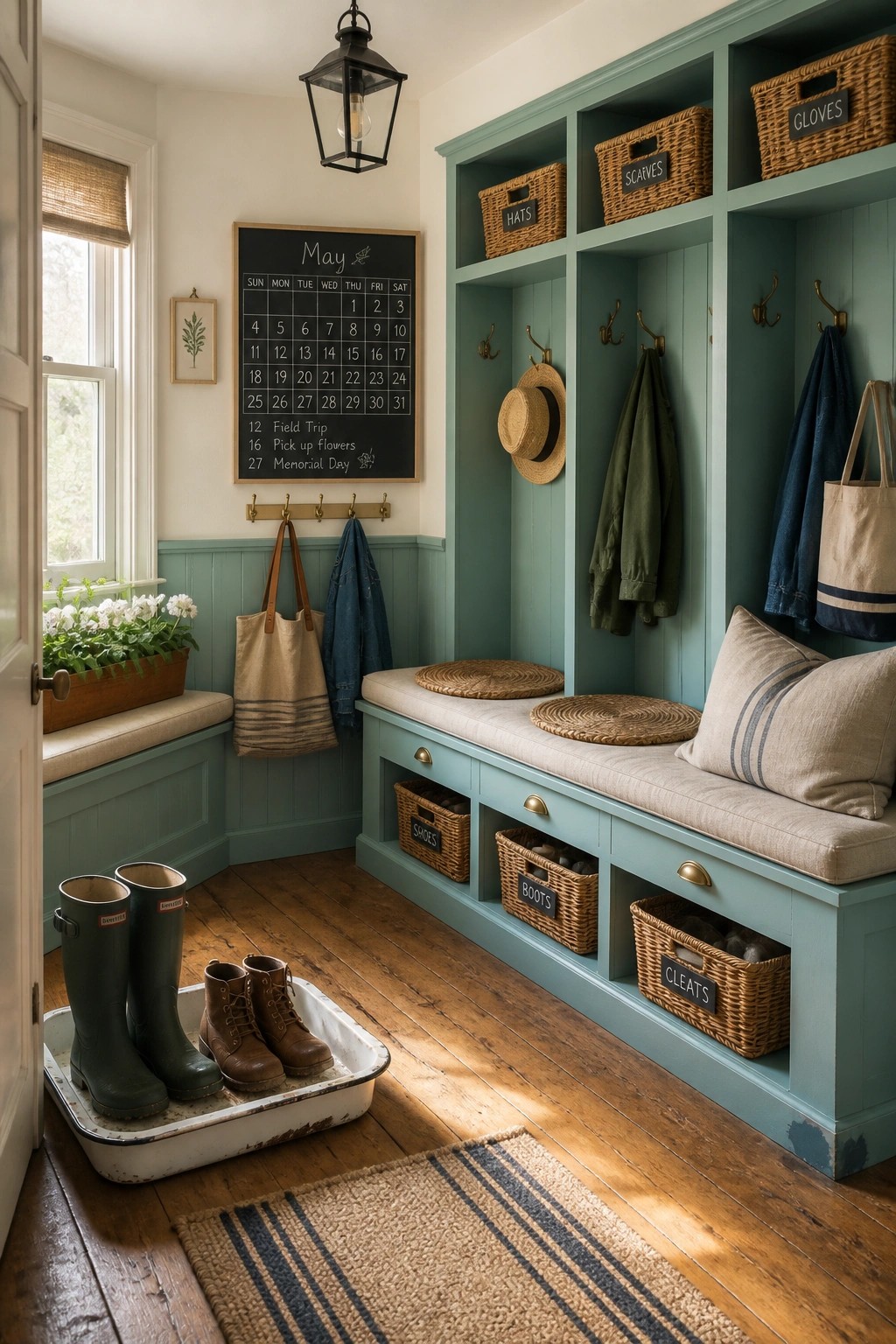 A mudroom with soft teal green painted built-in storage and bench seating.