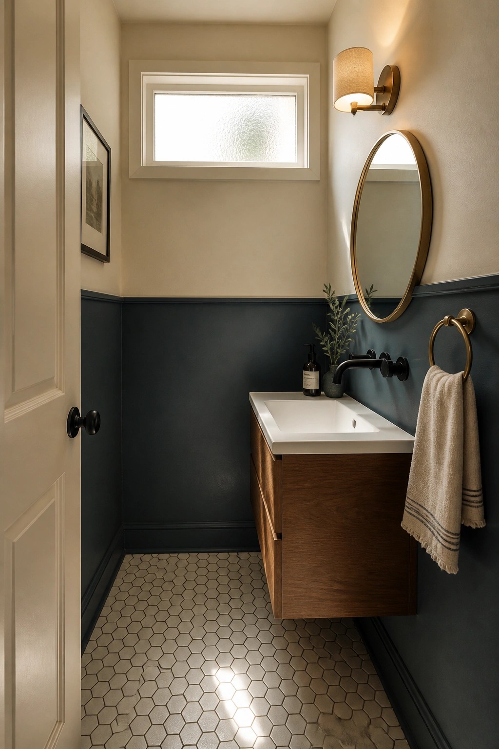 A bathroom with warm neutral paint on the upper walls and deep blue on the lower half.