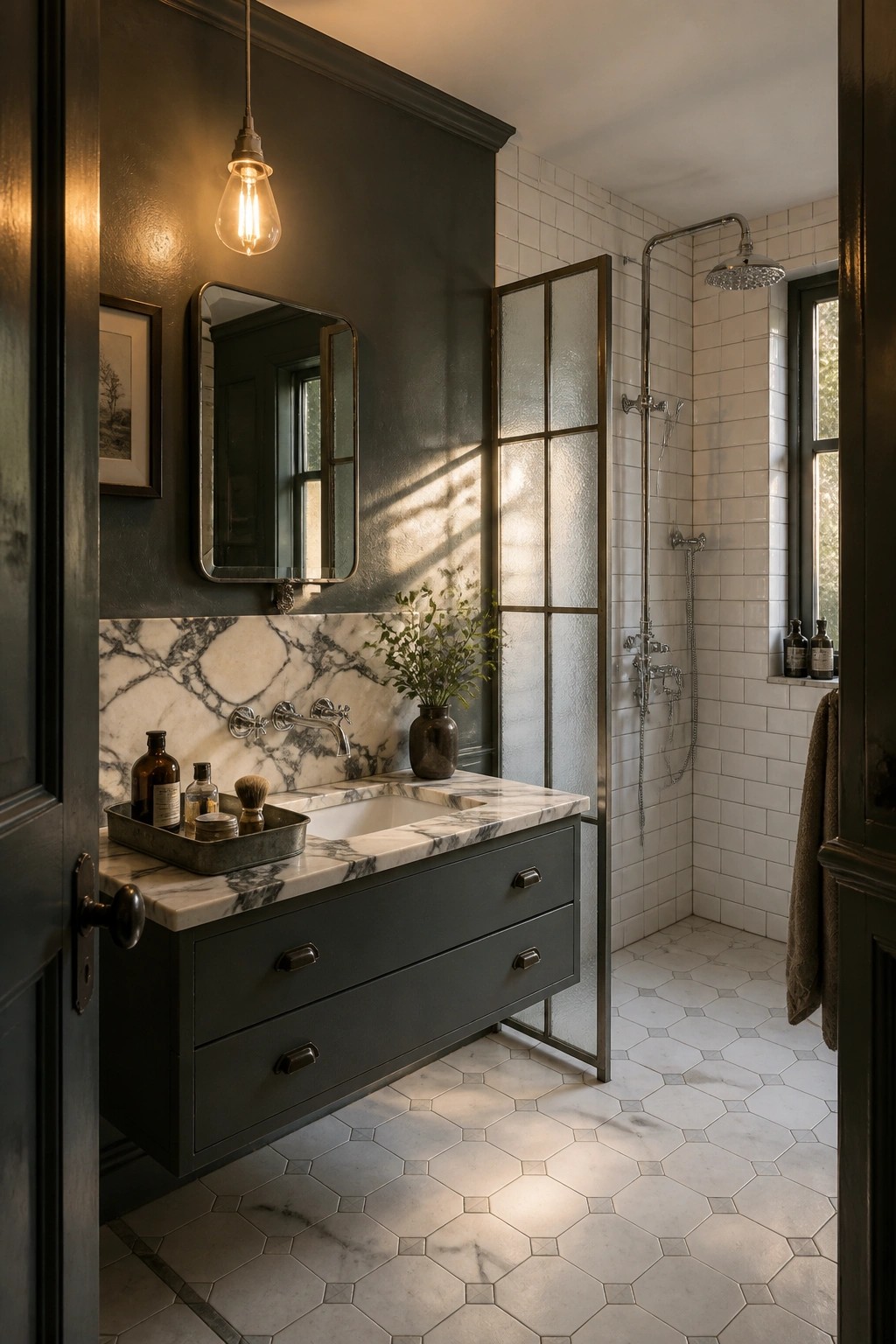 Bathroom with dark charcoal gray walls and marble vanity.