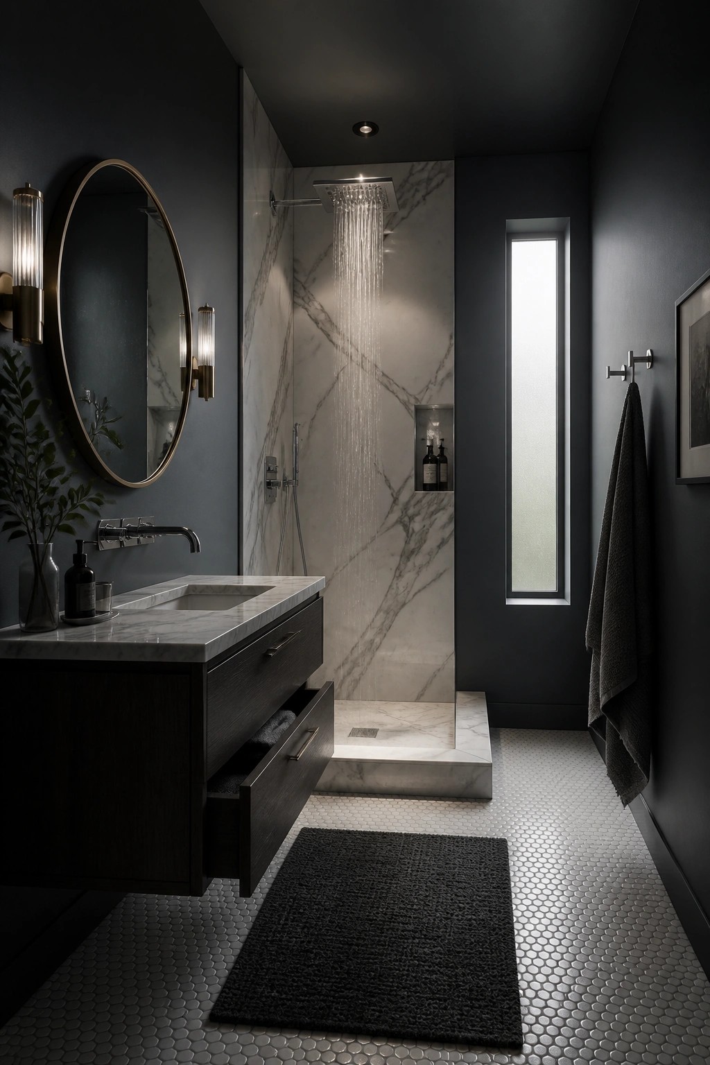 Dark charcoal gray walls in a modern bathroom with marble shower and white tile floor.