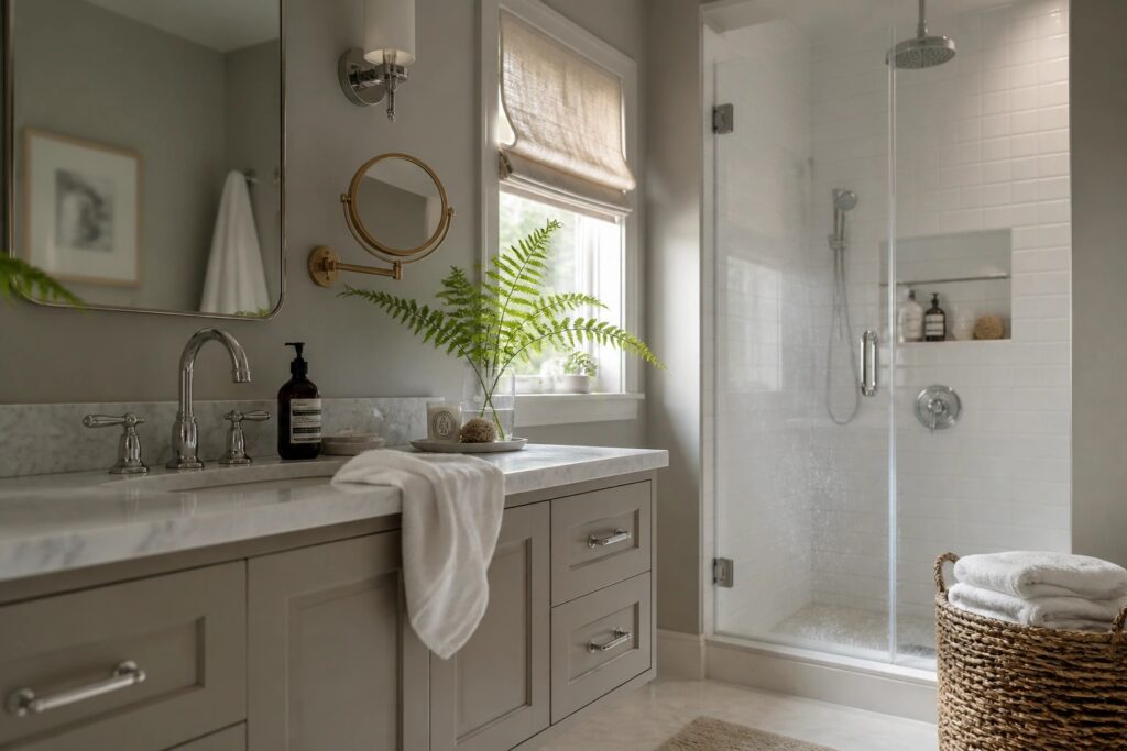 Modern bathroom with marble vanity, glass shower, woven rug and neutral tones