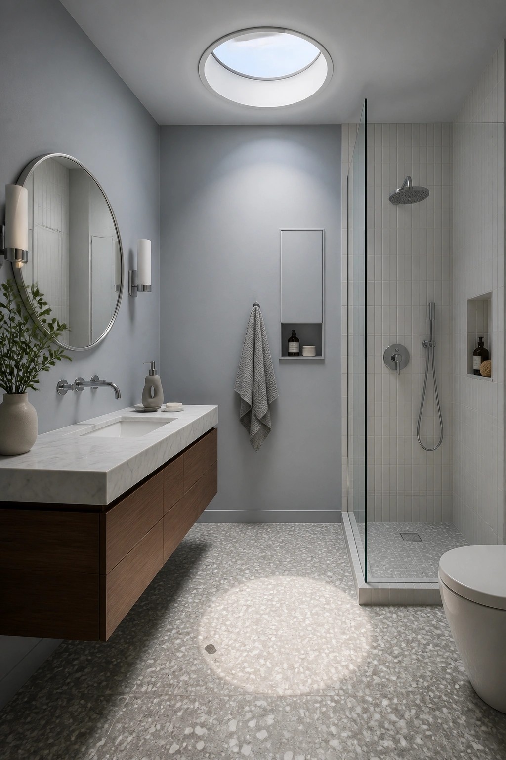 A bathroom with light gray walls, a floating vanity, and a glass shower.