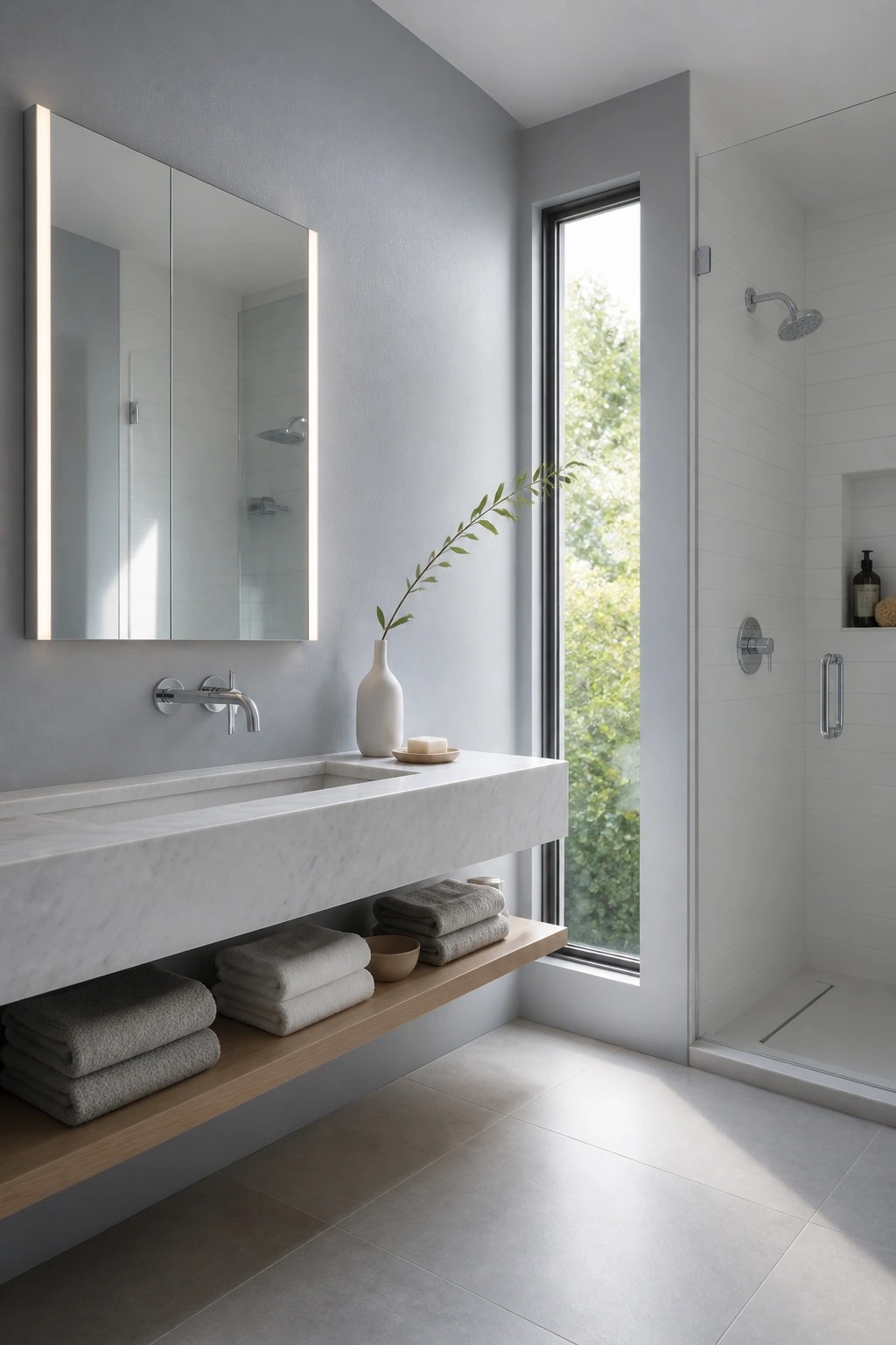 Bathroom walls painted in a pale gray next to a floating marble vanity.