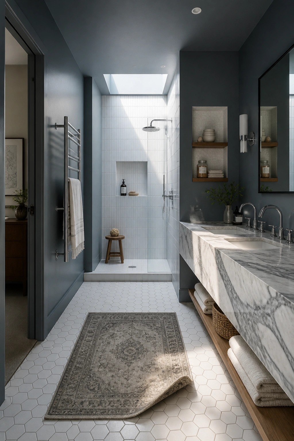 Deep slate gray walls in a bathroom with marble vanity and white tiled shower.