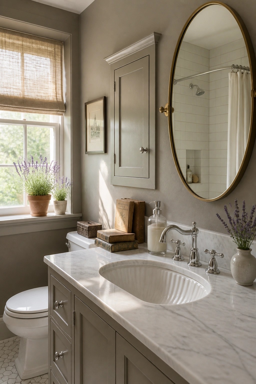 Soft gray walls and matching vanity in a marble bathroom.
