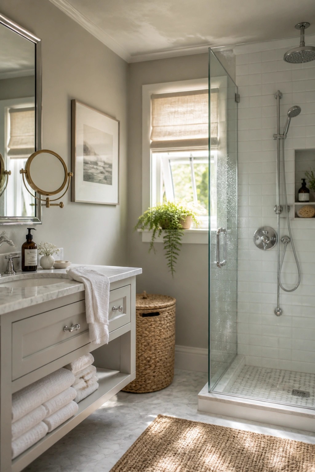 Modern bathroom with marble vanity, glass shower, woven rug and neutral tones