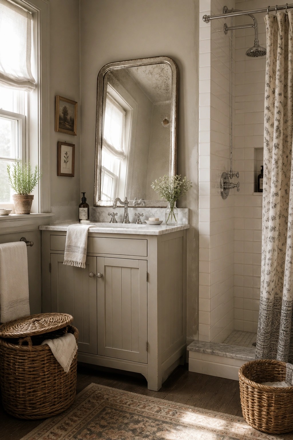 A bathroom with soft gray walls and a marble-top vanity.