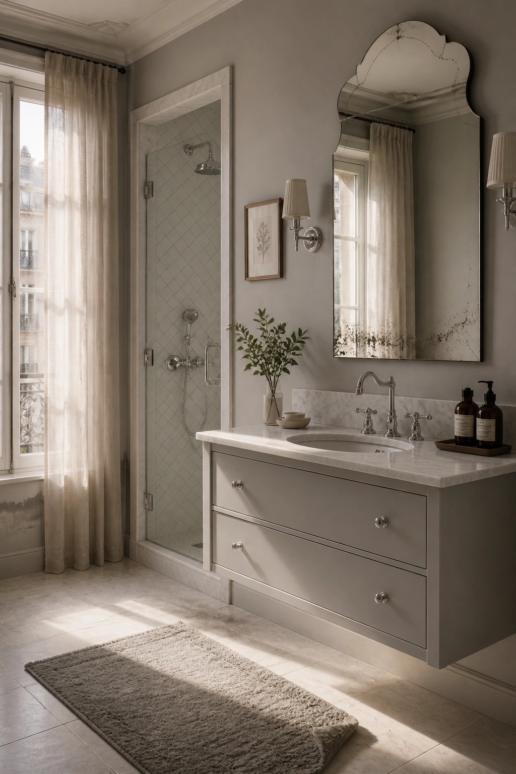 Elegant bathroom with gray floating vanity, marble sink, ornate mirror, and glass shower.