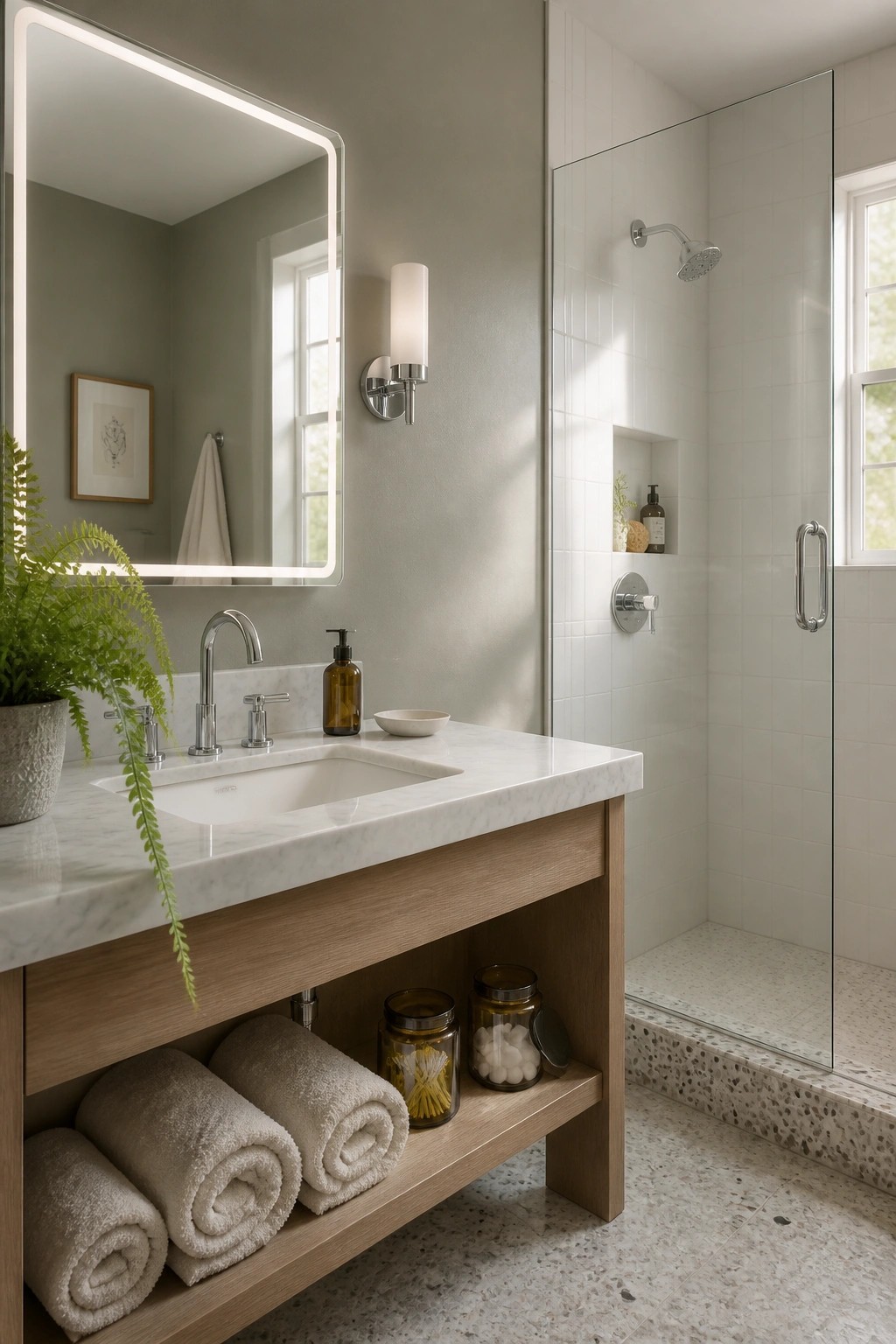 Bathroom walls painted a soft sage gray with a marble vanity and white tiled shower.