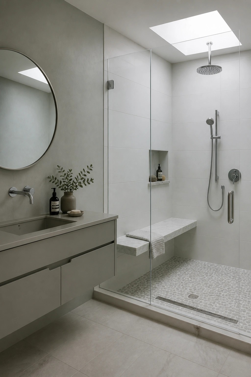 Modern minimalist bathroom with gray vanity, round mirror, and skylit glass shower.