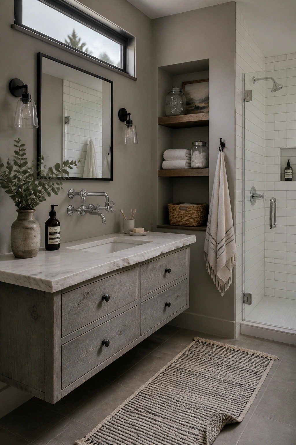 Bathroom walls painted in a soft warm gray next to a marble vanity and white tile shower.