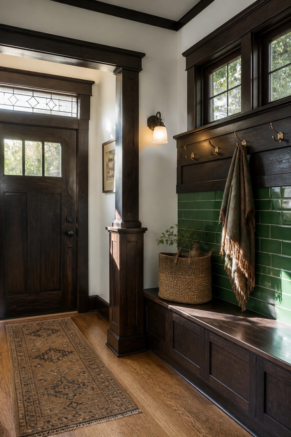 Dark brown painted trim and built-ins line a white-walled entryway.