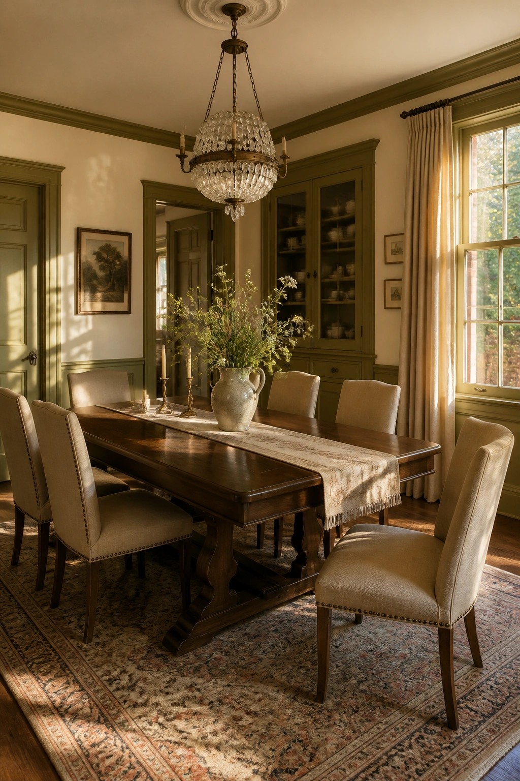 Dining room with olive green trim and cabinetry against light walls.