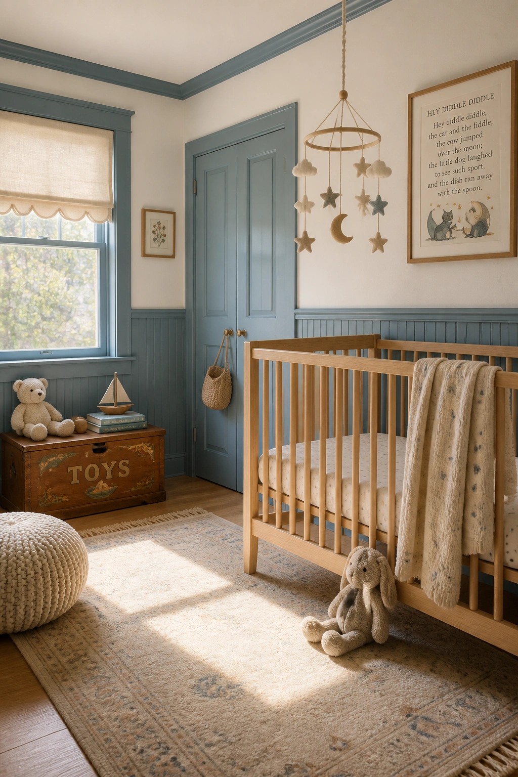 Blue-gray trim and wainscoting in a bright room with white walls and wood accents.