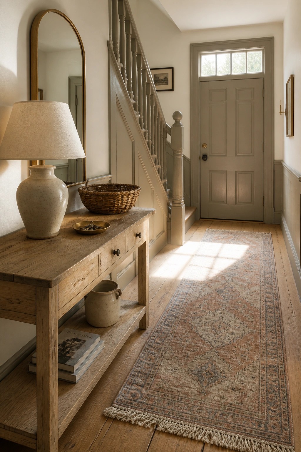 Soft gray trim and door in a traditional entry with wood floors and a console table.