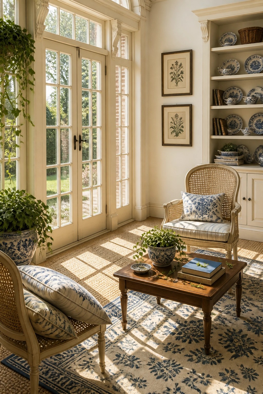 Creamy white trim around French doors in a bright interior room with neutral walls.