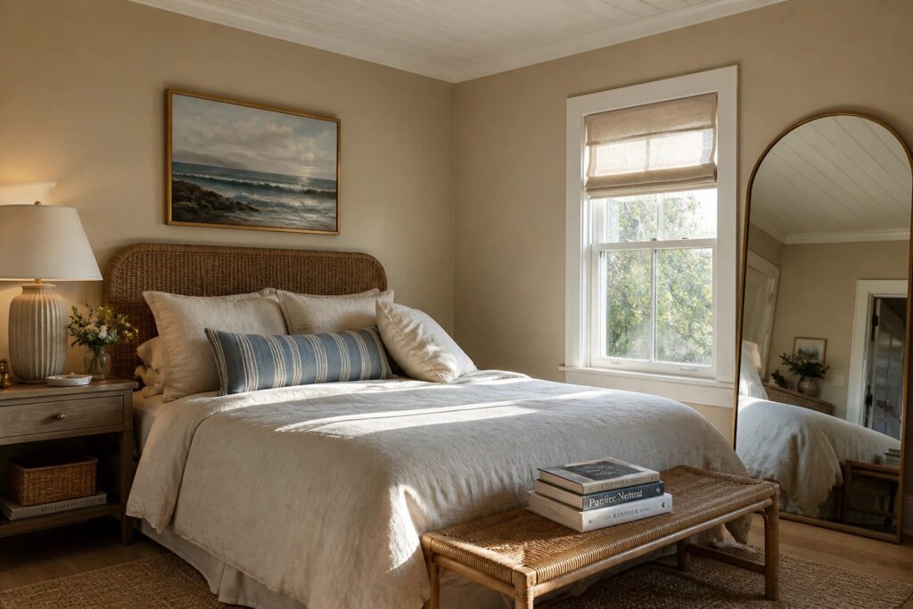 24 Coastal Neutral Paint Colors in Sand, Cream, Taupe, and Soft Gray Cozy neutral bedroom with rattan bed, white linens, wooden bench, and arched mirror.
