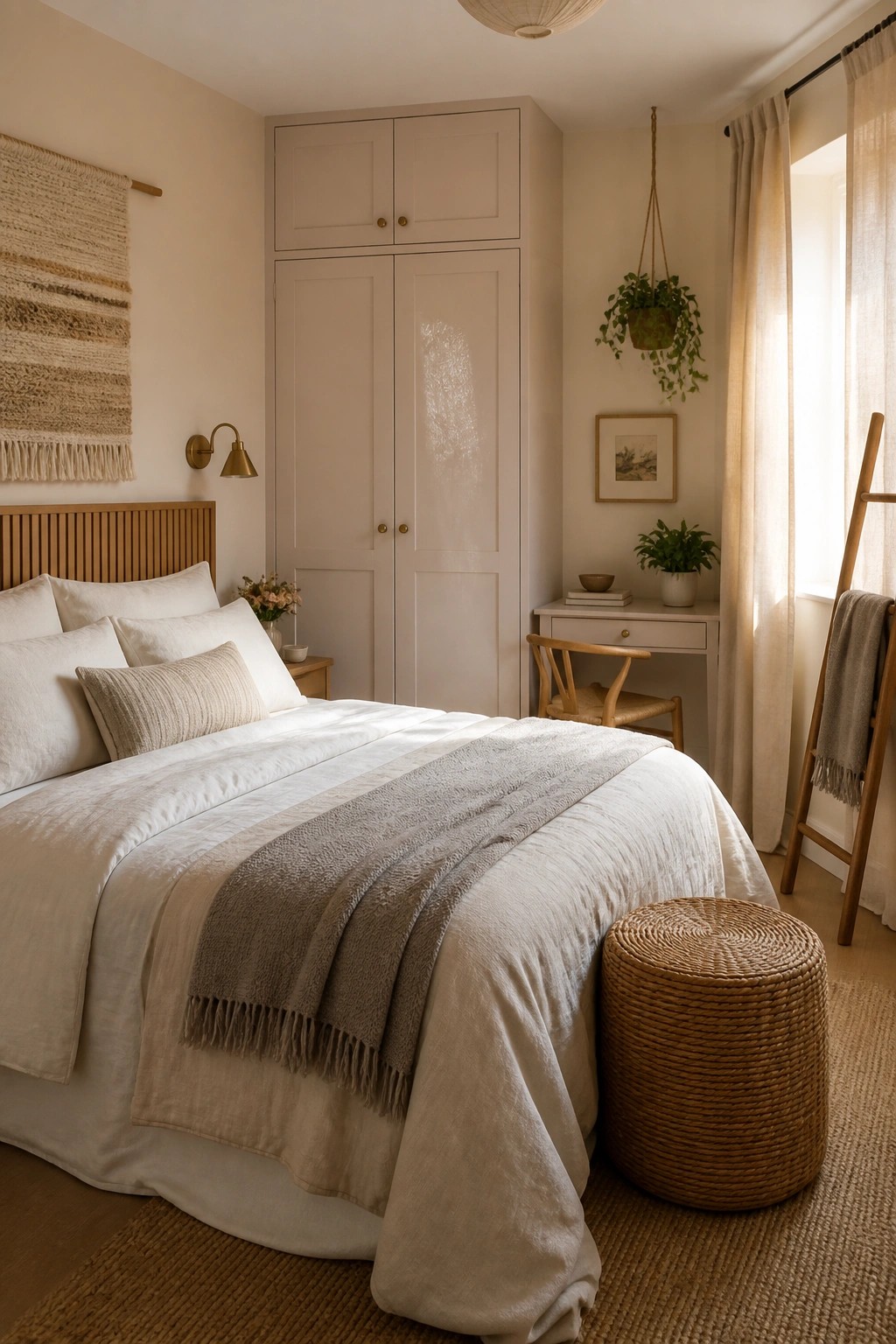 Bedroom walls painted in a soft warm sand neutral color with matching built-in cabinetry.