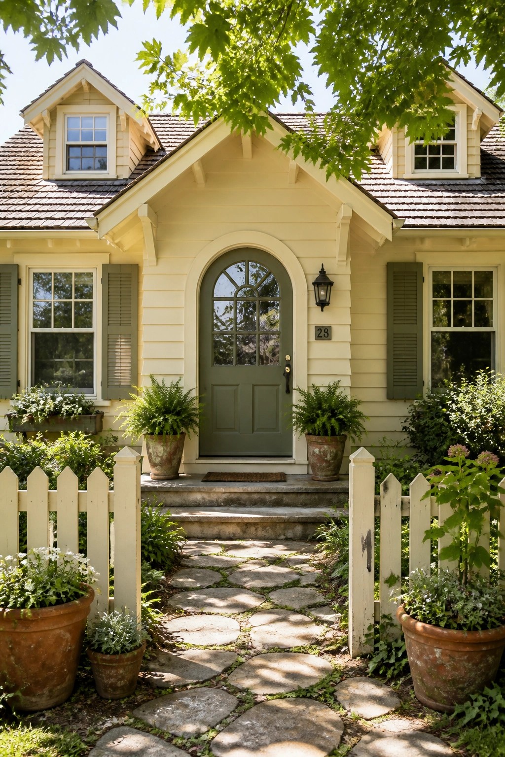 A house with soft cream siding and a stone path leading to the front steps.