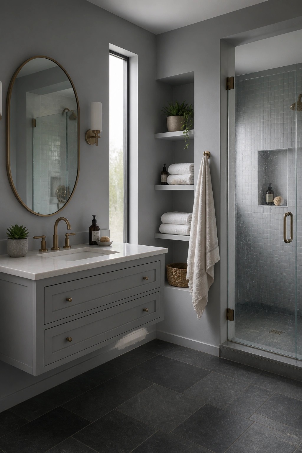 Bathroom walls painted a soft gray with white vanity and marble countertop.