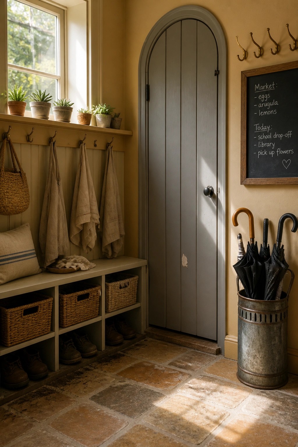 A soft gray arched door in a yellow entryway with stone flooring.