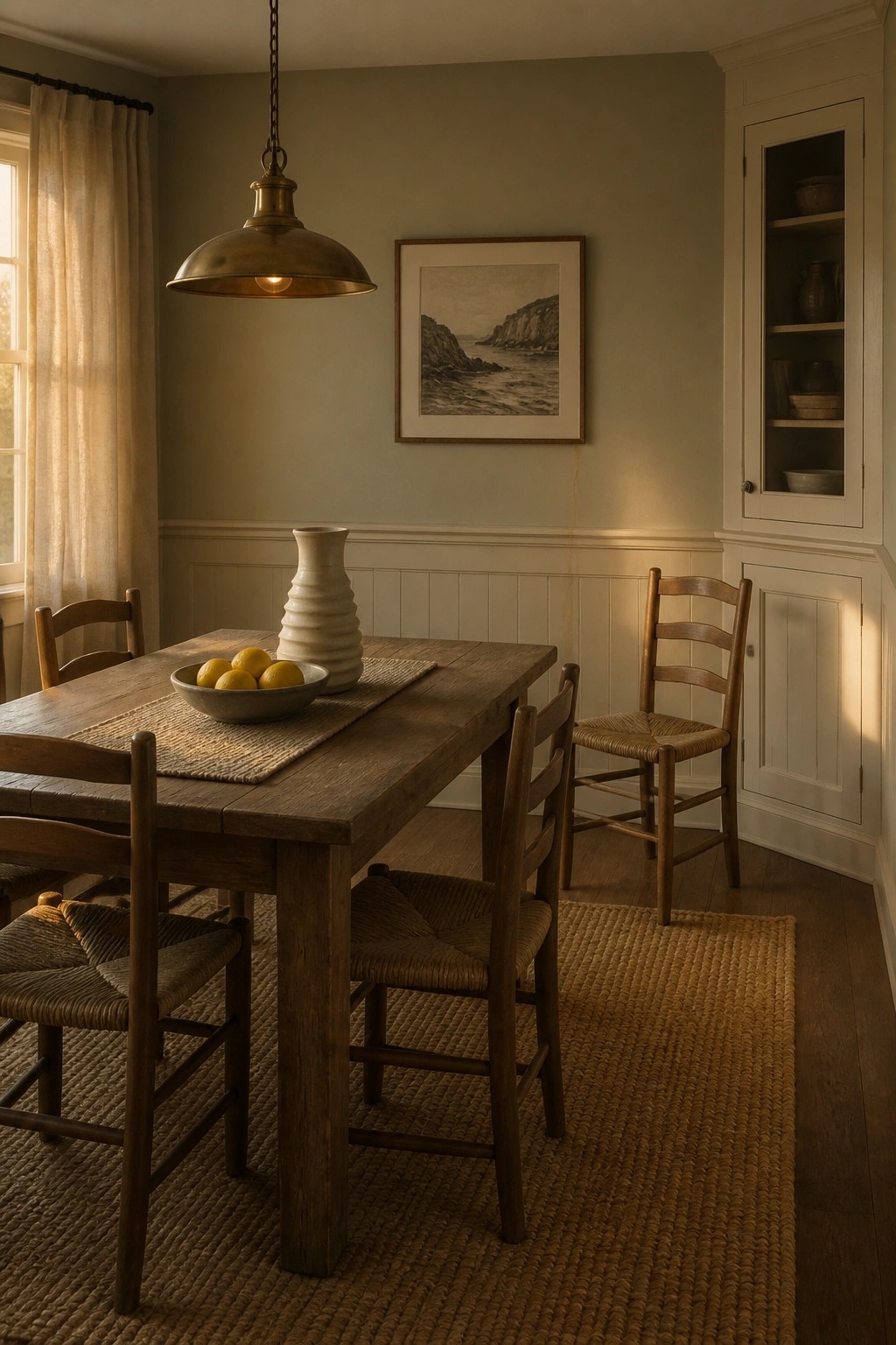 Dining room with soft gray green walls and a wooden table.