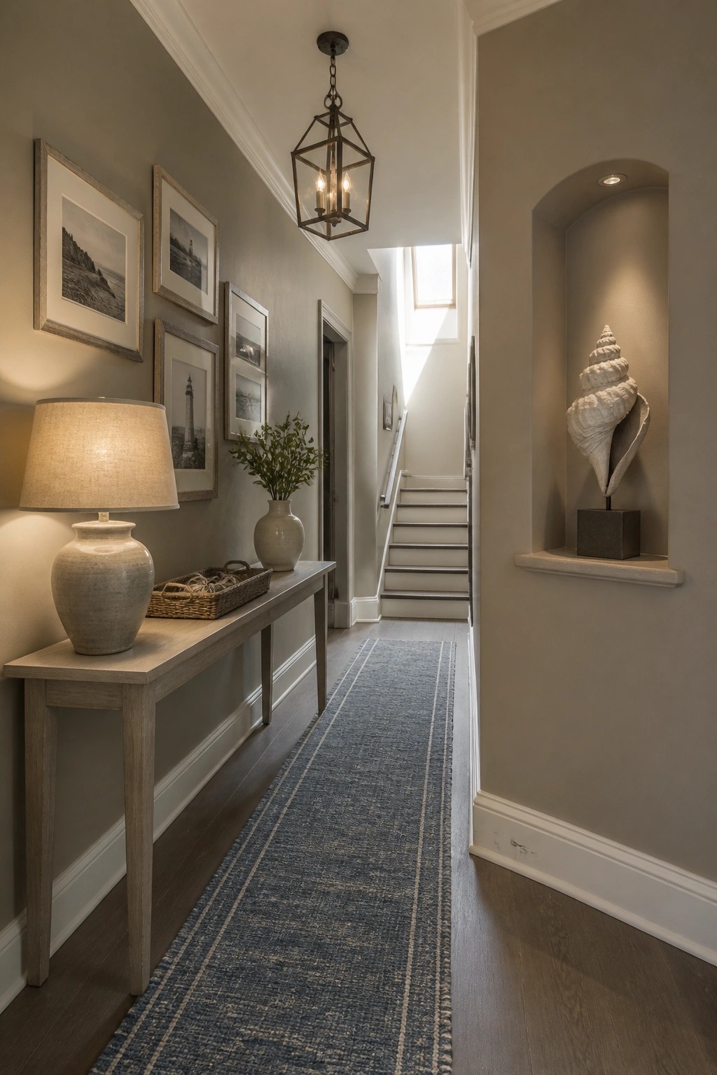 A hallway with soft gray walls, a wooden console table, and a runner leading toward a staircase.