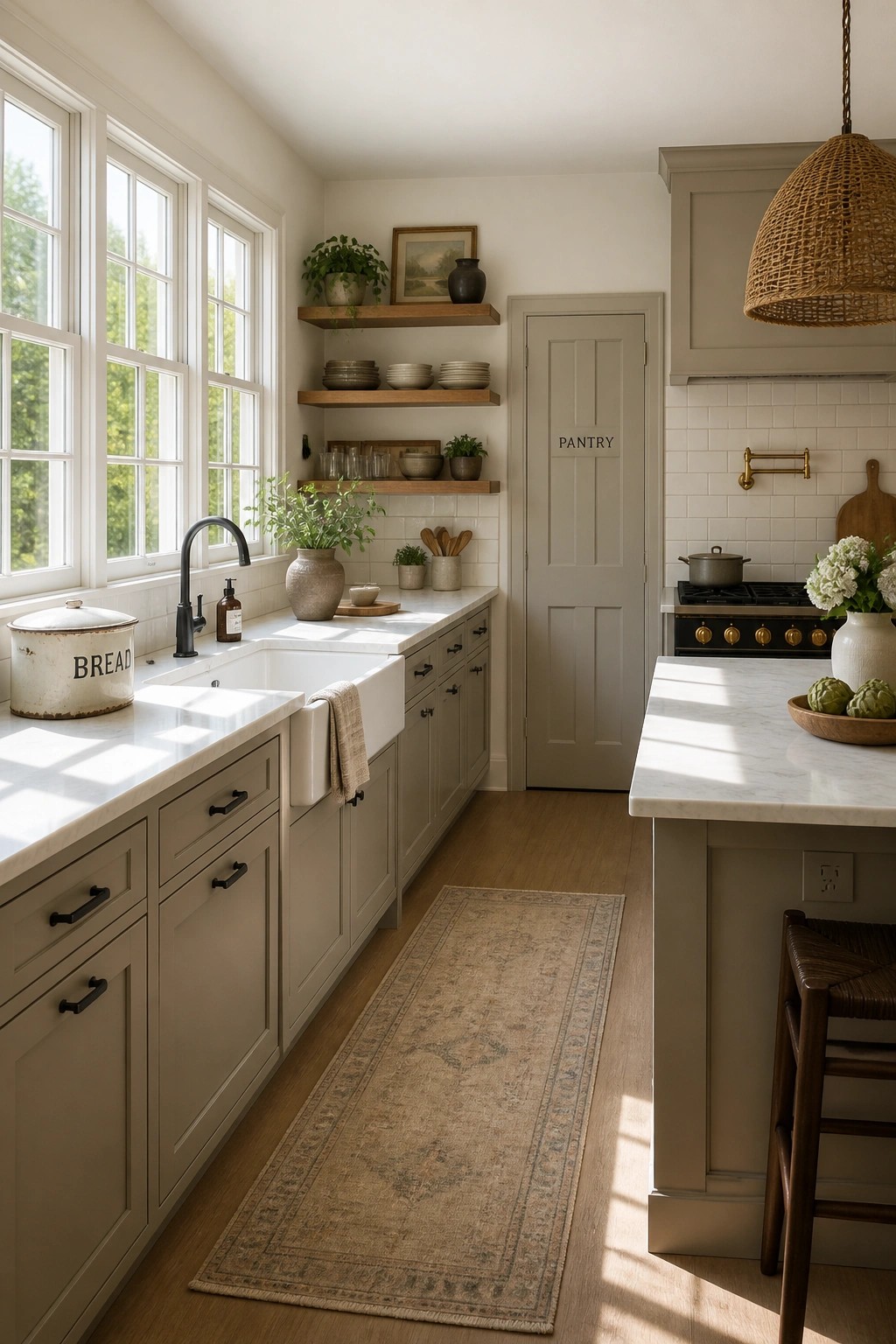 Soft gray cabinets in a bright coastal kitchen with white marble counters and wood flooring.