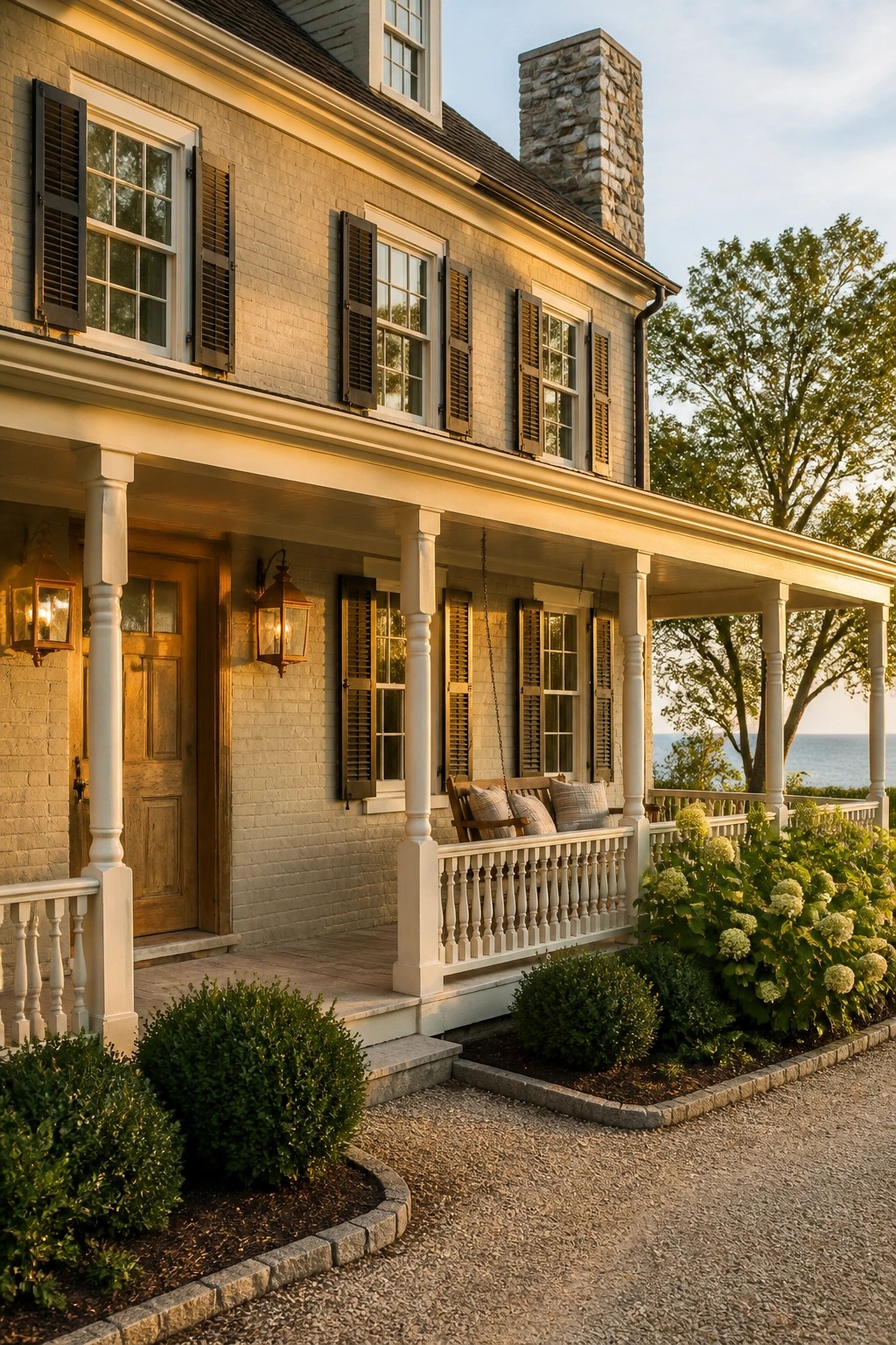 A house exterior painted in soft gray siding with white trim and a stone chimney.