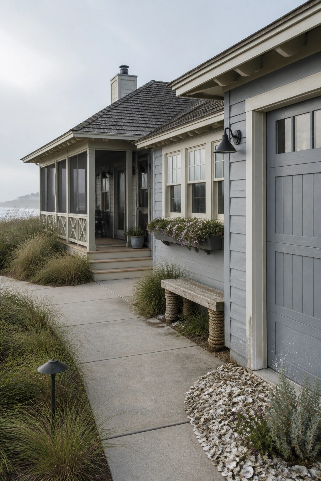 Gray coastal house with porch, windows, bench, flower boxes, and ocean view.