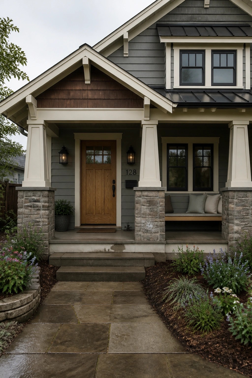Gray craftsman house porch with wooden door, stone pillars, bench, and stone path.