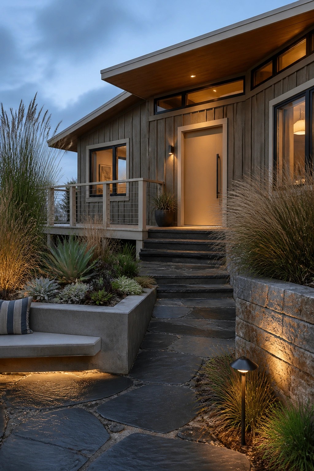 Gray wood siding on a modern house exterior with stone steps.