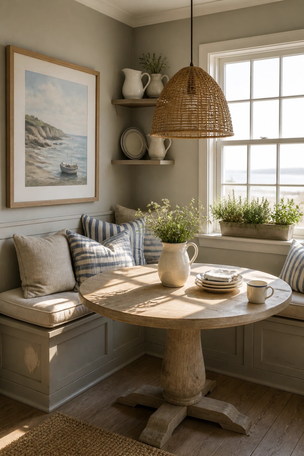 Cozy corner nook with round wooden table, striped cushions, woven pendant light, and coastal art.