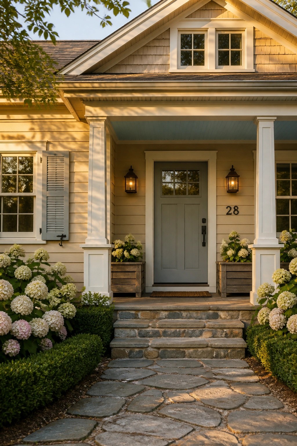 A house exterior with soft greige siding and white trim on the front porch.