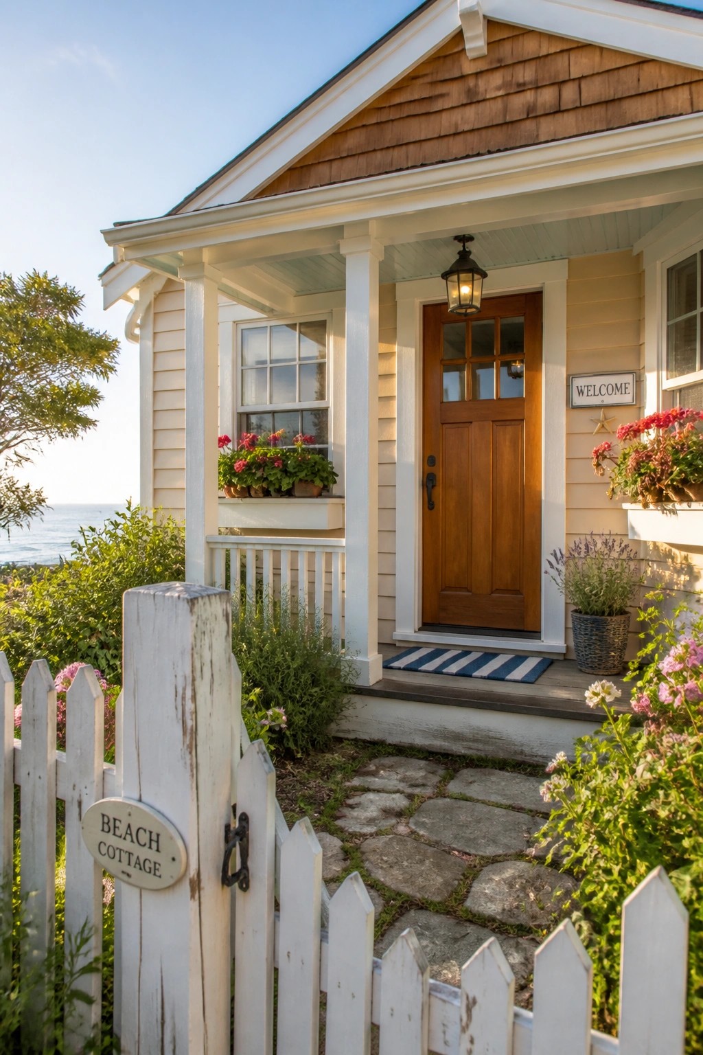 A beach cottage with soft sand colored siding and white trim.