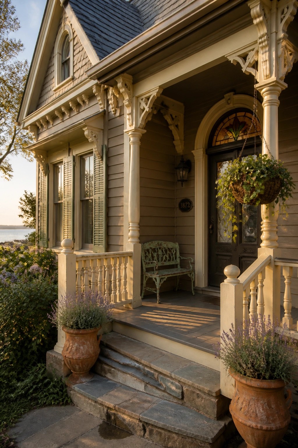 A house with soft taupe siding, white trim, and a stone porch.
