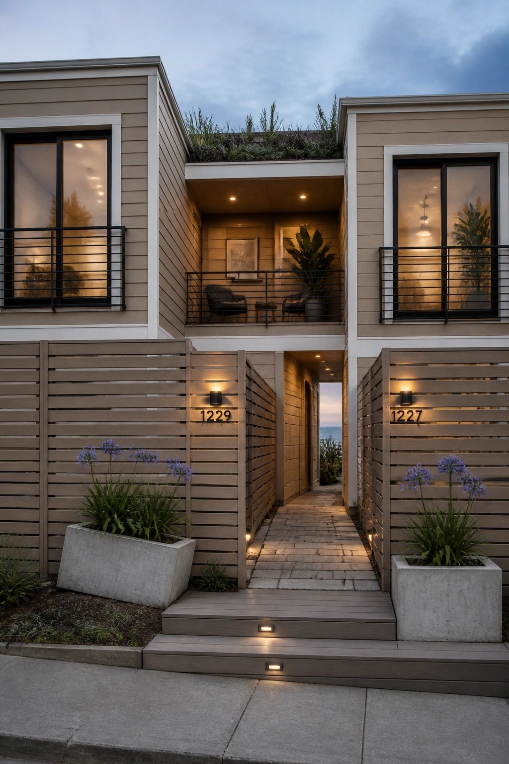 The siding of a coastal home painted in a soft warm taupe.