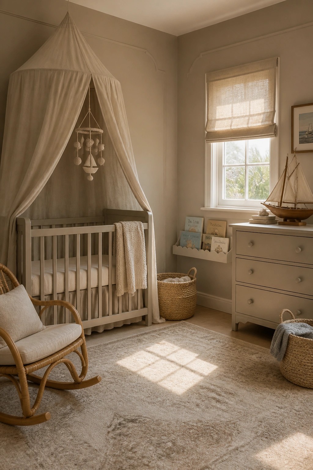 A nursery with soft taupe walls and a canopy crib.