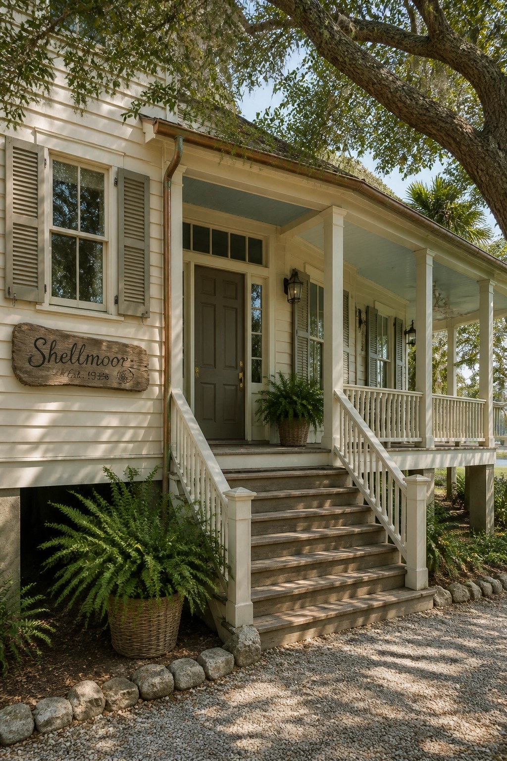 A house exterior with warm cream siding and a front porch.