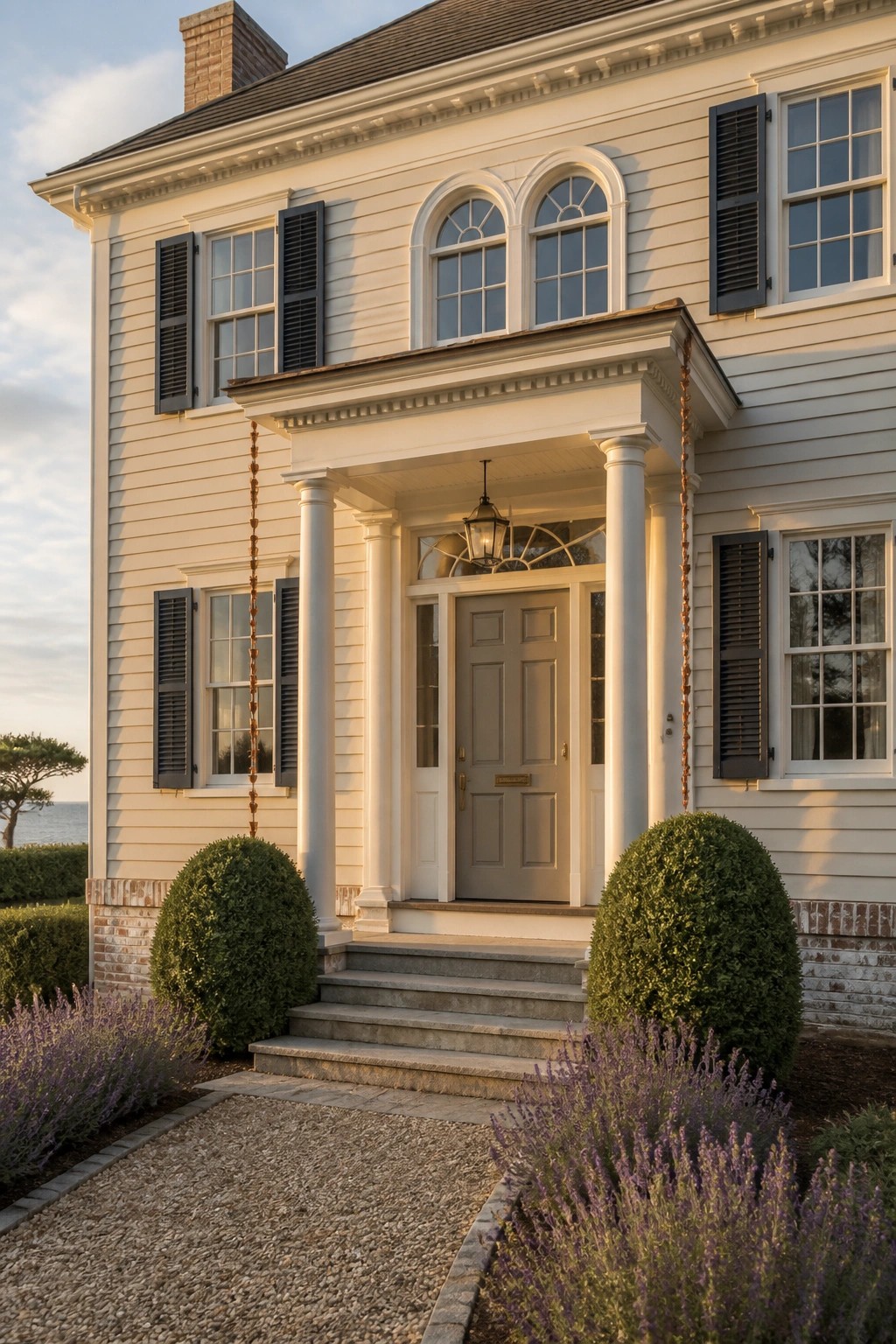 A coastal house with warm cream siding and white trim.