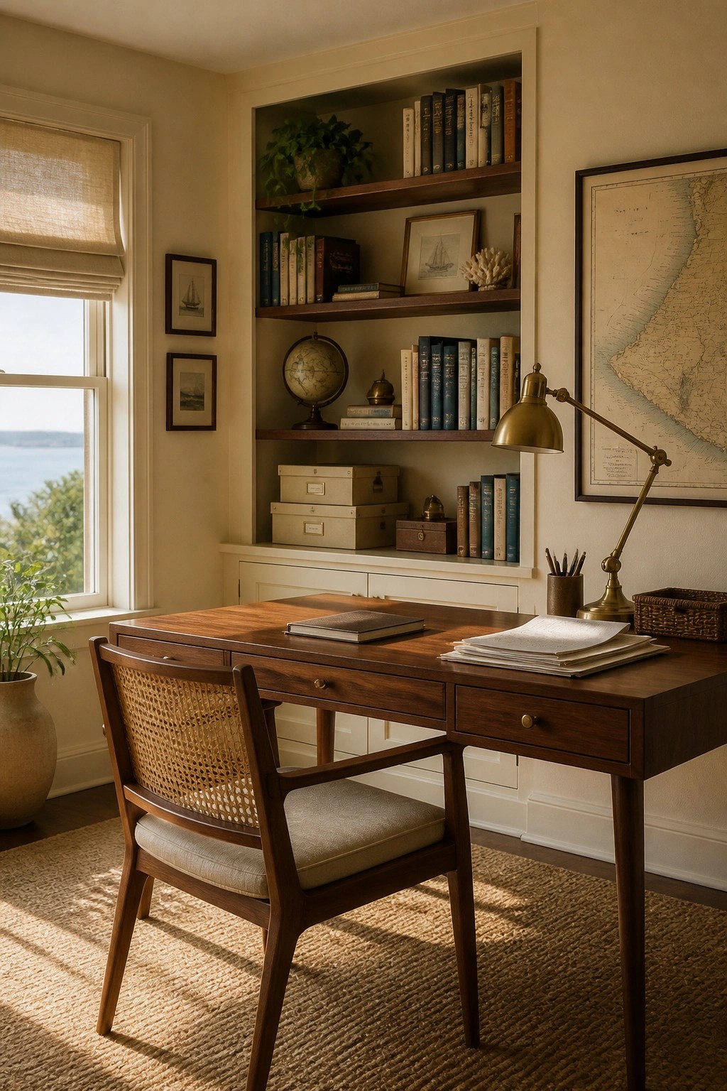 Warm cream walls in a home office with built-in wooden bookshelves.