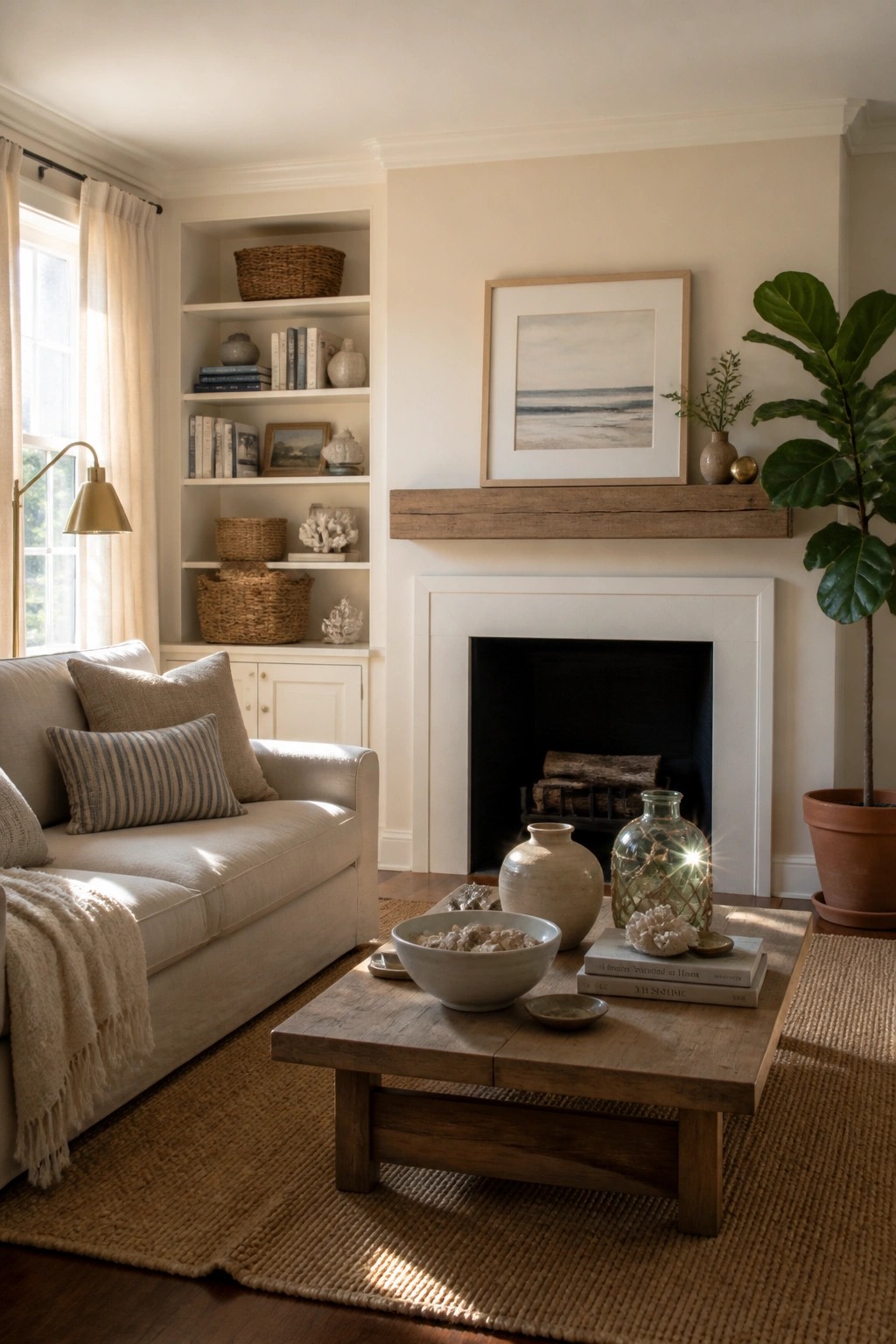 Warm cream walls in a living room with white fireplace trim.
