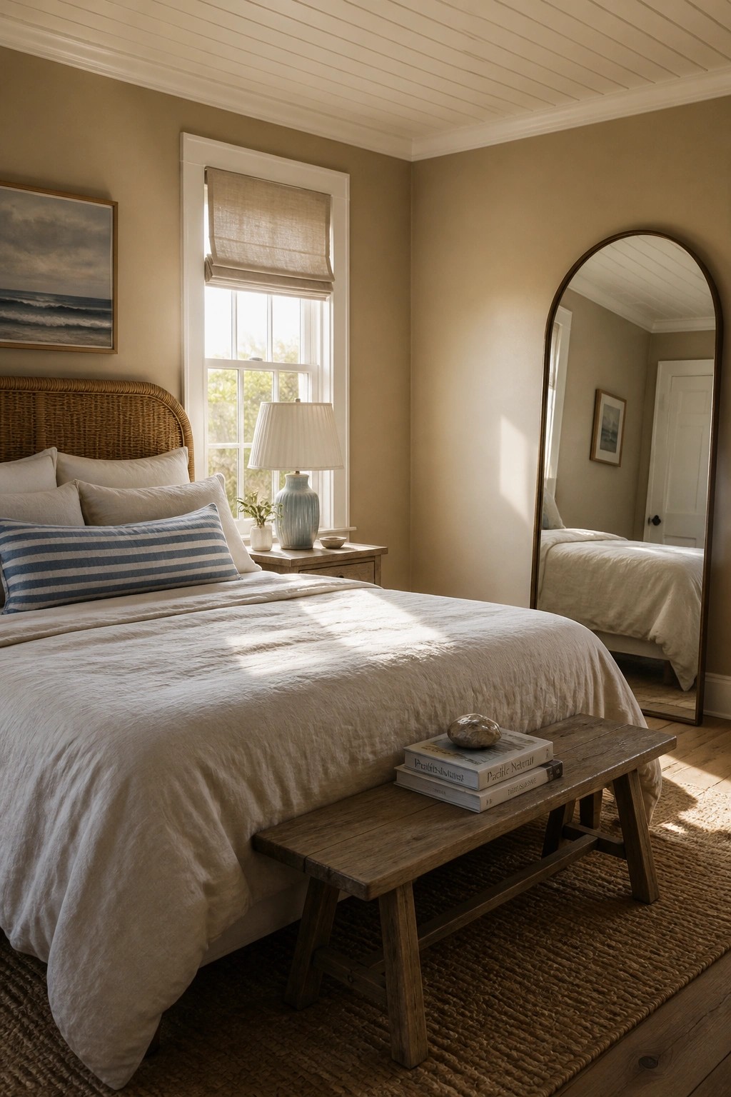 Cozy neutral bedroom with rattan bed, white linens, wooden bench, and arched mirror.